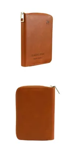 Brown leather travel wallet with RFID blocking and gold-tone zipper closure for security