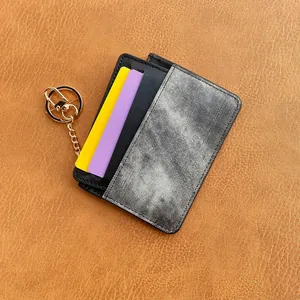 Slim leather card holder with vintage textured fabric and gold keychain attachment