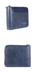 Detailed view of dark blue leather wallet with stone pattern embossing and L-shaped zipper