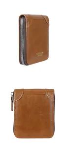 Vertical view of a brown leather wallet featuring a U-shaped metal zipper and gold logo