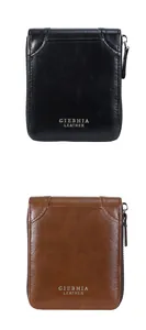 Vertical display of black and brown vintage leather zipper wallets with polished finish