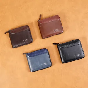Men's retro leather wallets with stone texture, zipper closure and multi-card slots