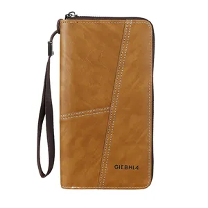 Klassische braune lange Herrenbrieftasche aus Leder mit Reißverschluss und Handschlaufe