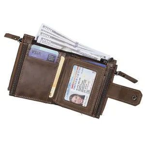 Vintage RFID-Ledergeldbörse für Herren mit mehreren Fächern und sicherem Doppel-Reißverschluss