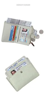Dettaglio portafoglio verde menta con scomparti per carte, finestra ID e zip