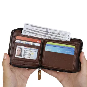 Vintage dark brown pebble grain leather men's wallet with large capacity and secure zipper