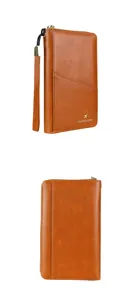 Details der braunen Leder-RFID-Passtasche mit Metallreißverschluss und Handschlaufe