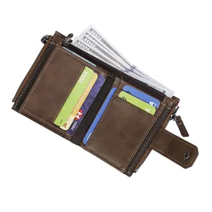 Retro Herren Geldbörse aus braunem Leder mit RFID-Schutz, Reißverschluss und vielen Kartenfächern