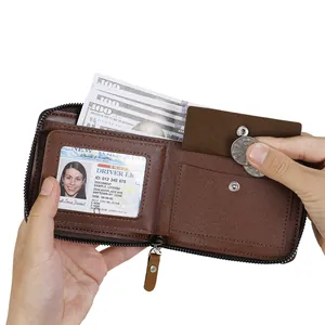 Vintage men's brown pebbled leather zip wallet with multiple card slots and ID window