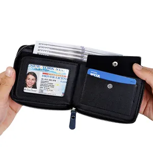 Vintage men's black faux leather wallet with stone texture and large zipper closure