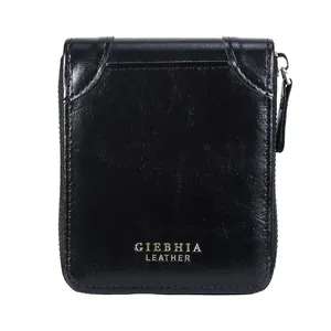 Classic black leather men's zipper wallet with minimalist design and gold logo