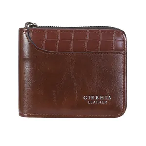GIEBHIA men's vintage dark brown short wallet with stone texture and zipper closure