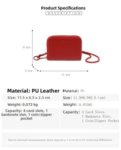 Detail view of red PU leather wallet showing interior slots and precise dimensions