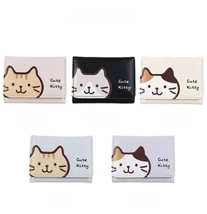 Detailed view of the cute kitty small PU leather tri-fold wallets in five pastel colors
