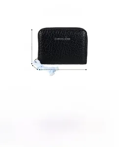 Detail view of a compact PU leather wallet with dimensions 11x8.5x2.5cm and classic texture