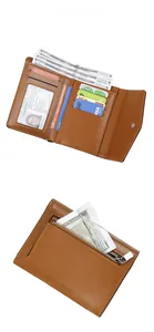 Portefeuille marron à trois volets avec fentes pour cartes, billet et poche zippée
