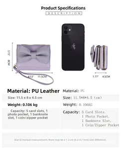 Short PU leather bow wallet dimensions 11.5x8x4.5cm with internal card slots and coin pocket