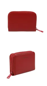 Detail of red macaron leather wallet with Forever Sunshine text and high-quality zipper