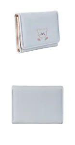 Detail view of light blue tri-fold PU leather wallet with cute bear and tulip embroidery
