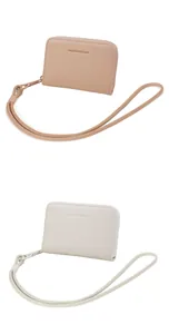 Litchi pattern leather zip wallets with detachable crossbody straps in beige and coffee