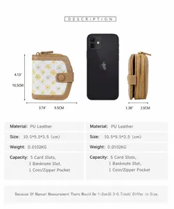 Short PU leather wallet size guide featuring floral print and compact internal card slots
