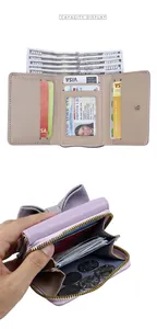 Internal view of a lavender tri-fold wallet showing card slots and zipper pocket