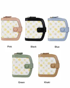 Short women's wallets in five colors featuring floral canvas and leather trim