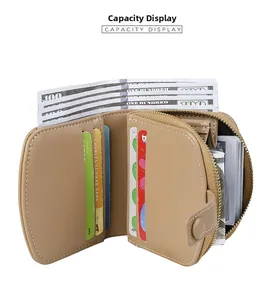Detailed view of women's short faux leather wallet with multiple card slots and cash pocket