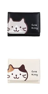 Detail view of tri-fold faux leather wallets featuring cute kitty prints in black and beige