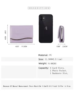 Detailed view of purple PU leather wallet showing dimensions, weight, and internal card slots