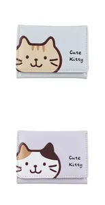 Three-fold PU leather wallets in light blue and lilac featuring cartoon kitty designs