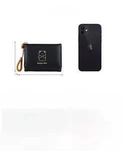 Compact PU leather wallet size comparison with phone showing 10.5x8x1.5cm dimensions