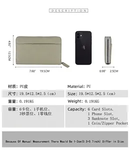 Detailed size chart of large capacity PU leather zip wallet with phone and card slots