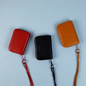Women Macaron Color PU Leather Mini Wallet Litchi Grain Zipper Card Holder With Lanyard Portable Coin Purse For Daily Travel