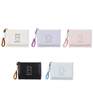 Detailed color display of five cute animal print PU leather tri-fold wallets with hand straps
