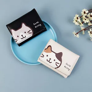 Women's Cute Cartoon Cat Tri-fold Short Wallet PU Leather Small Card Holder Coin Purse For Daily Use Ladies Fashion Gift