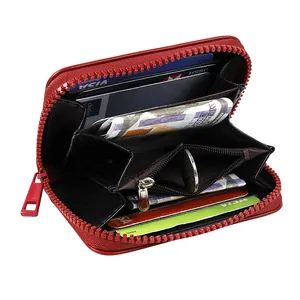 Red multi-functional zipper wallet with accordion interior slots and durable PU material