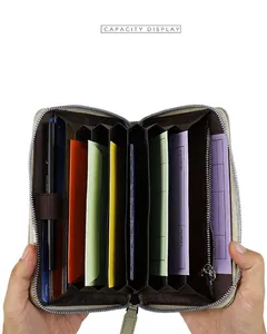 Internal view of the large capacity accordion wallet with colored dividers and pen holder