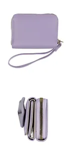Lavender purple PU leather trifold wallet with wrist strap and gold zipper details