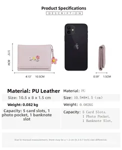 Detailed size specifications for a floral PU leather tri-fold wallet with dimensions and weight