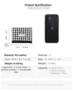 Detailed size chart of women's PU leather trifold wallet with clear dimension measurements