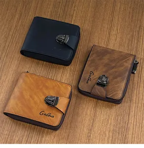 Three men's wallets in black and brown leather featuring U-zippers and metal buckle locks