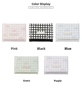 Short tri-fold wallets for women in five colors with grid pattern and bow detail