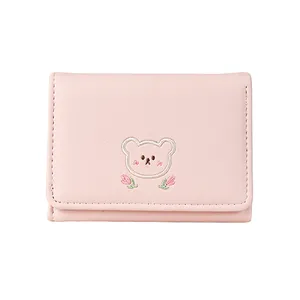 Pink PU leather short wallet with cute bear embroidery and flap closure for women