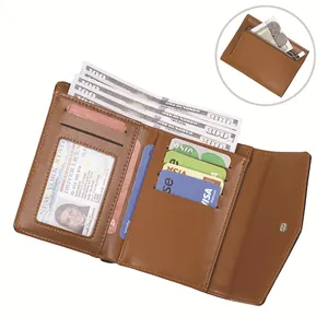 Portefeuille enveloppe tri-pli en cuir marron avec fentes cartes et poche zippée