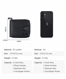 Detail view of black PU leather men's wallet showing dimensions and internal storage capacity
