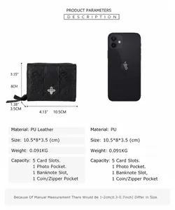 Three-fold wallet size comparison showing dimensions of 10.5x8x3.5cm next to a smartphone