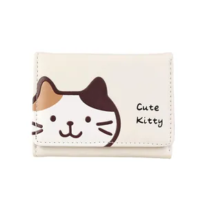 Short tri-fold cream PU leather wallet for women with cute calico cat cartoon design