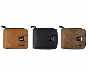 Men's leather zip wallet in brown, black, and coffee colors with metal lock detail