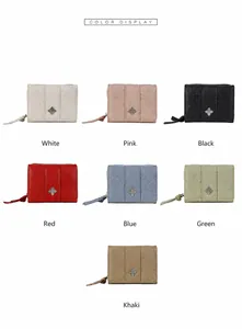 Multi-color trifold wallets featuring clover metal hardware and embossed pebble leather texture